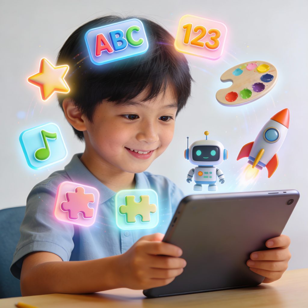 Niño de 4 años usando tablet educativa con apps de aprendizaje Khan Academy Kids, ABCmouse y Todo Math