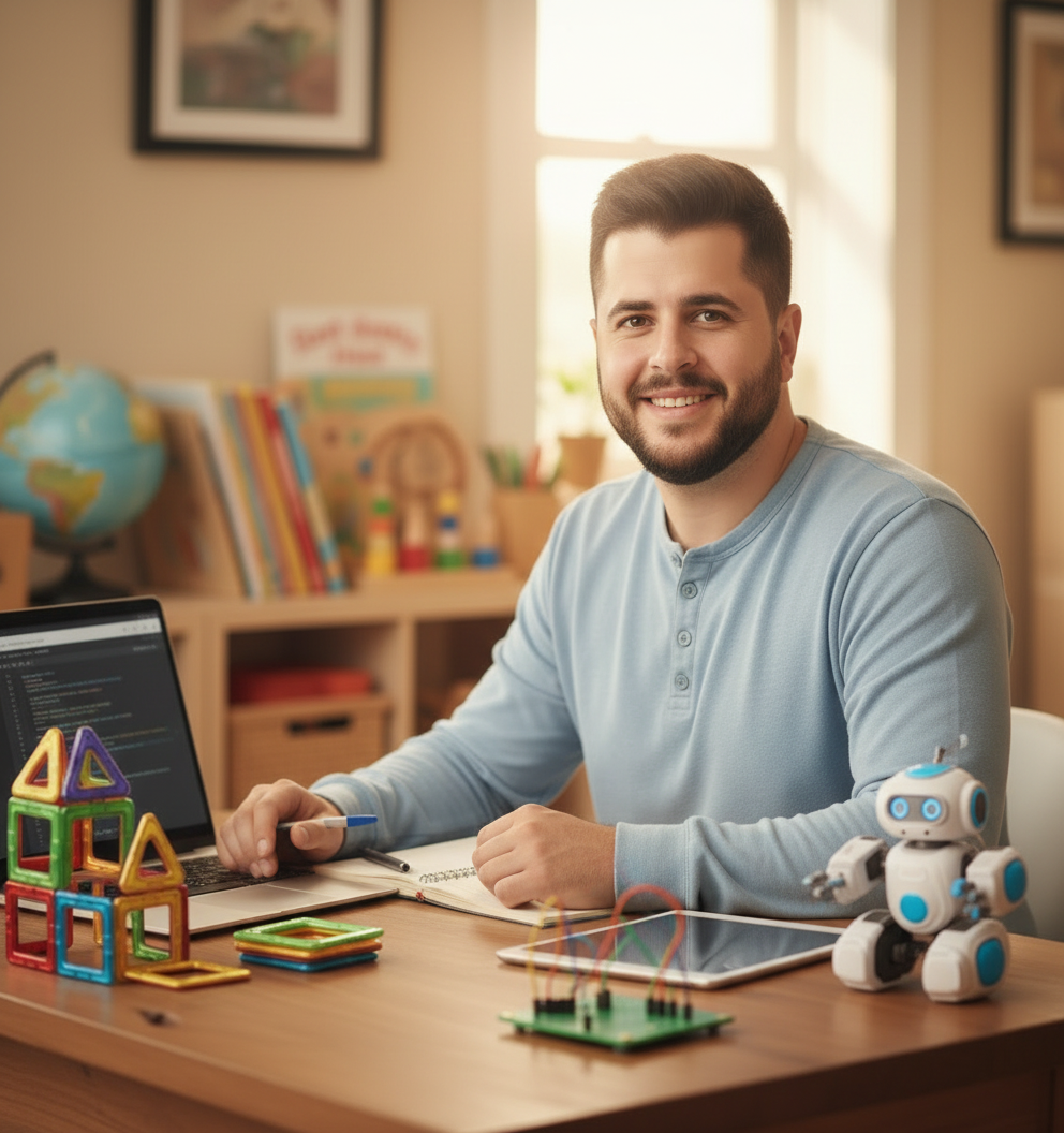 Padre creador de MiniGeniusLab sentado en su escritorio, con portátil y juguetes STEAM, sonriendo en un ambiente hogareño y cercano.